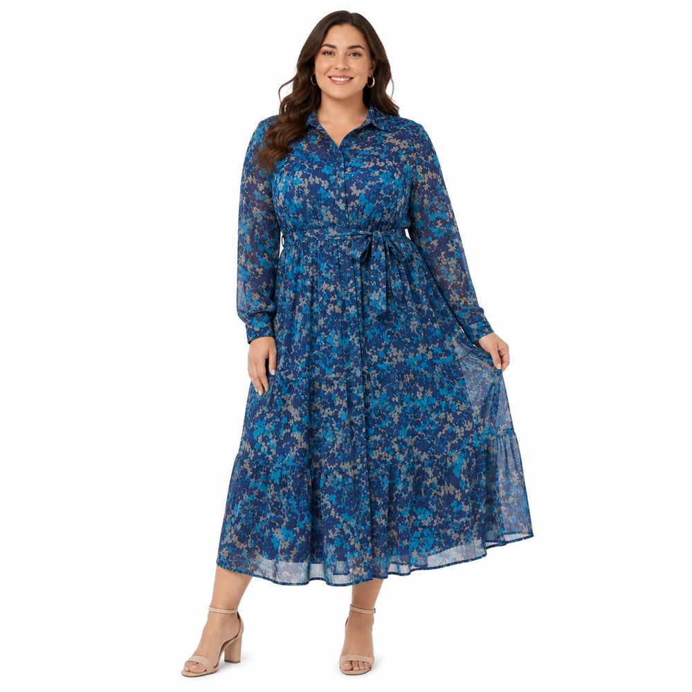 Terra & Sky Womens Shirtdress Size 0X Blue Maxi Floral Tie-Waist Elegant - Picture 9 of 12